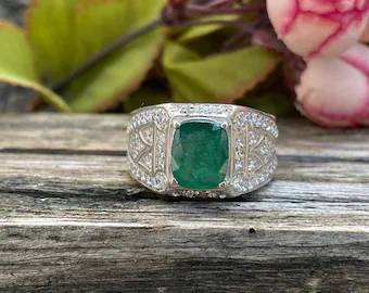 Natural Zambian Emerald With CZ Men's Ring- 925 Sterling Silver Ring- Cushion Cut Gemstone Ring- May Birthstone Jewellery- Gift For Him
